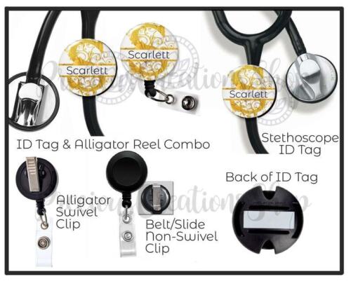 A collection of badge holders for identification cards and tags. The first badge reel is an alligator swivel clip. The next badge reel is a belt clip that slips on to your scrubs or belt. The next is a stethoscope id tag, plastic piece that attaches on the plastic tube of your stethoscope. These badge holders offer convenient and secure ways to display and carry identification in different settings