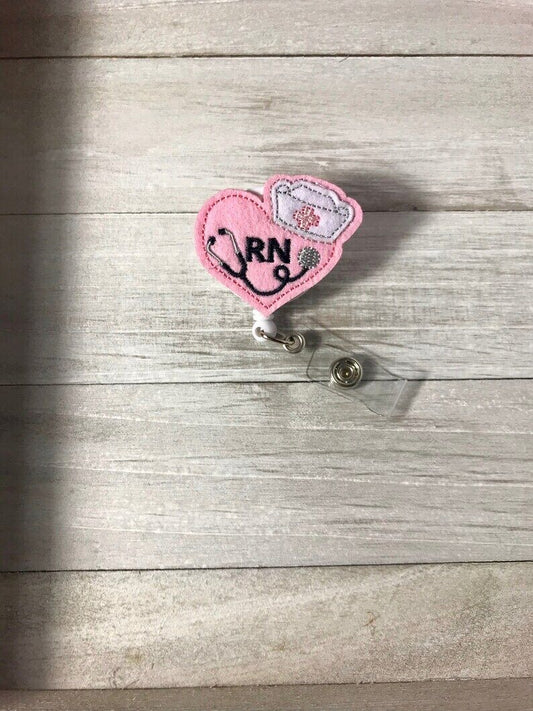 Nurses RN Retractable ID Badge Reel Pink Felt