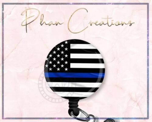 Flag Thin Blue Line Retractable ID Badge Reel