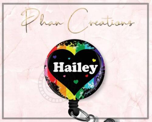 Rainbow Heart Personalized Retractable ID Badge Reel