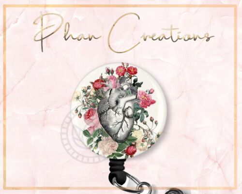 Vintage Floral Heart Retractable ID Badge Reel