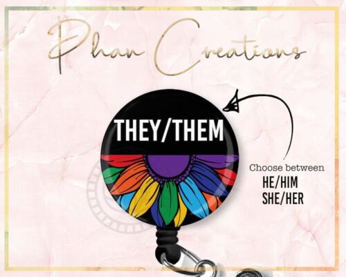 LGBTQ Pronoun Rainbow Sunflower Nurse Retractable ID Badge Reel