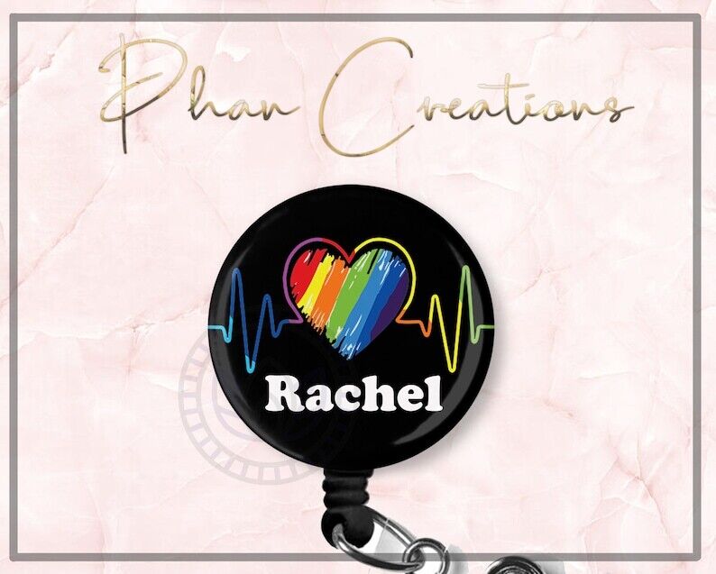 Personalized Rainbow EKG Custom Retractable ID Badge Reel