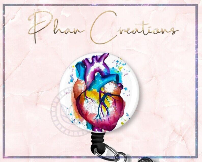 Watercolor Heart Cardiac Nurse Retractable ID Badge Reel