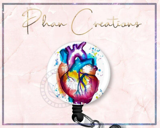 Watercolor Heart Cardiac Nurse Retractable ID Badge Reel