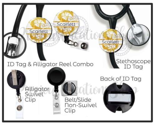 A collection of badge holders for identification cards and tags. The first badge reel is an alligator swivel clip. The next badge reel is a belt clip that slips on to your scrubs or belt. The next is a stethoscope id tag, plastic piece that attaches on the plastic tube of your stethoscope. These badge holders offer convenient and secure ways to display and carry identification in different settings.