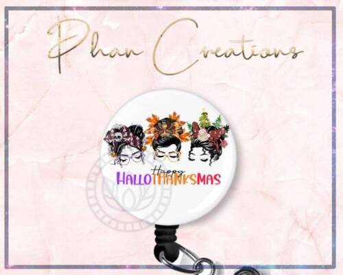 Hallothanksmas Messy Bun Retractable ID Badge Reel